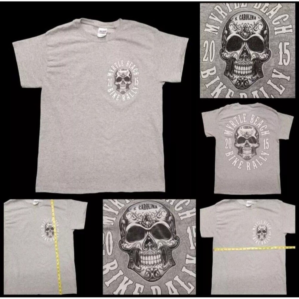 Myrtle Beach Bike Rally 2015 T Shirt Mens Med Grey White Skull Graphic Grunge